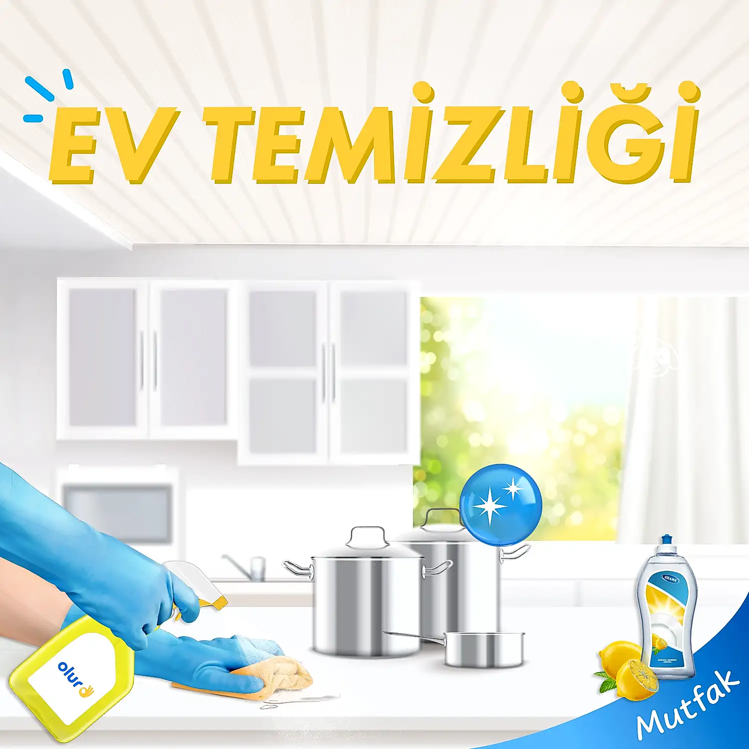 Ev temizliği yapılırken mutfaktaki fırın, dolap vb. mikrofiber bez ve temizleyici sprey ile siliniyor